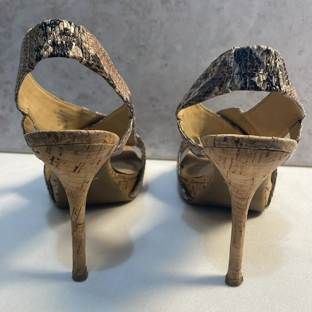 NINE WEST Snakeskin Cork Bottom 4” Heels Crossover Straps Sandals Classic 8.5M‎